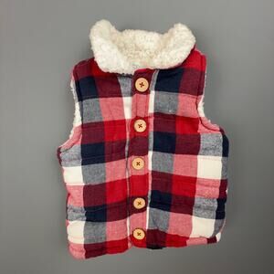 Mud Pie Baby Sherpa Vest Plaid Red Navy White Flannel Look 12–18M